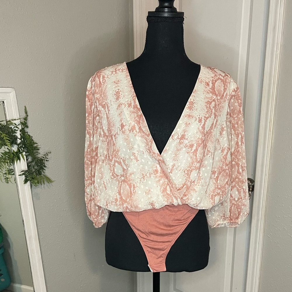 Boutique Blush Pink and White Snakeskin Print Bodysuit